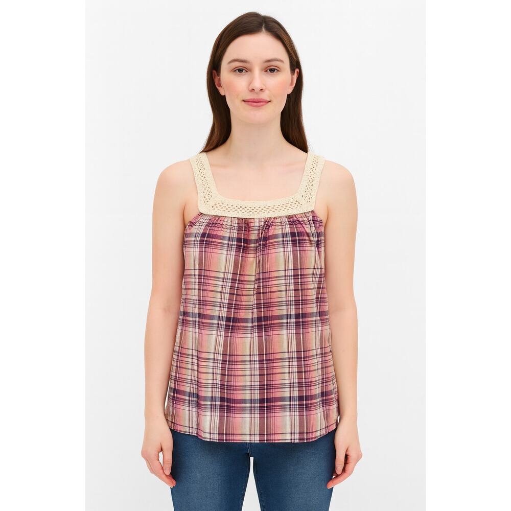 Lovers Rock Juniors Plaid Sleeveless Tank Top Size Large, Crochet Trim Tie Waist